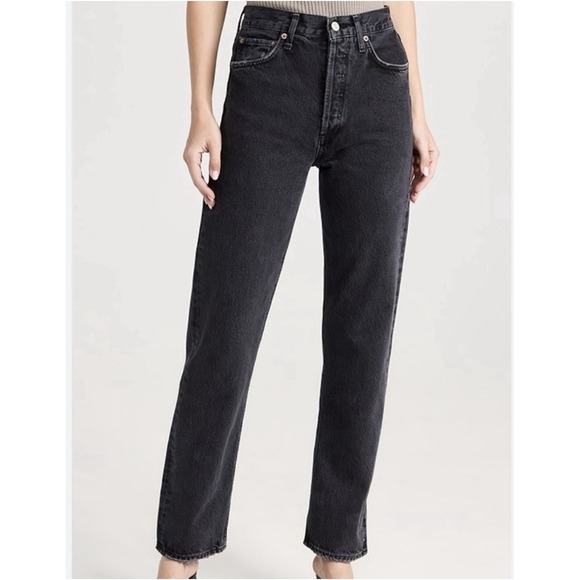 AGOLDE 90s Pinch Waist High Rise Straight Jeans Washed‎ Black Button Fly Size 23 - Picture 1 of 5